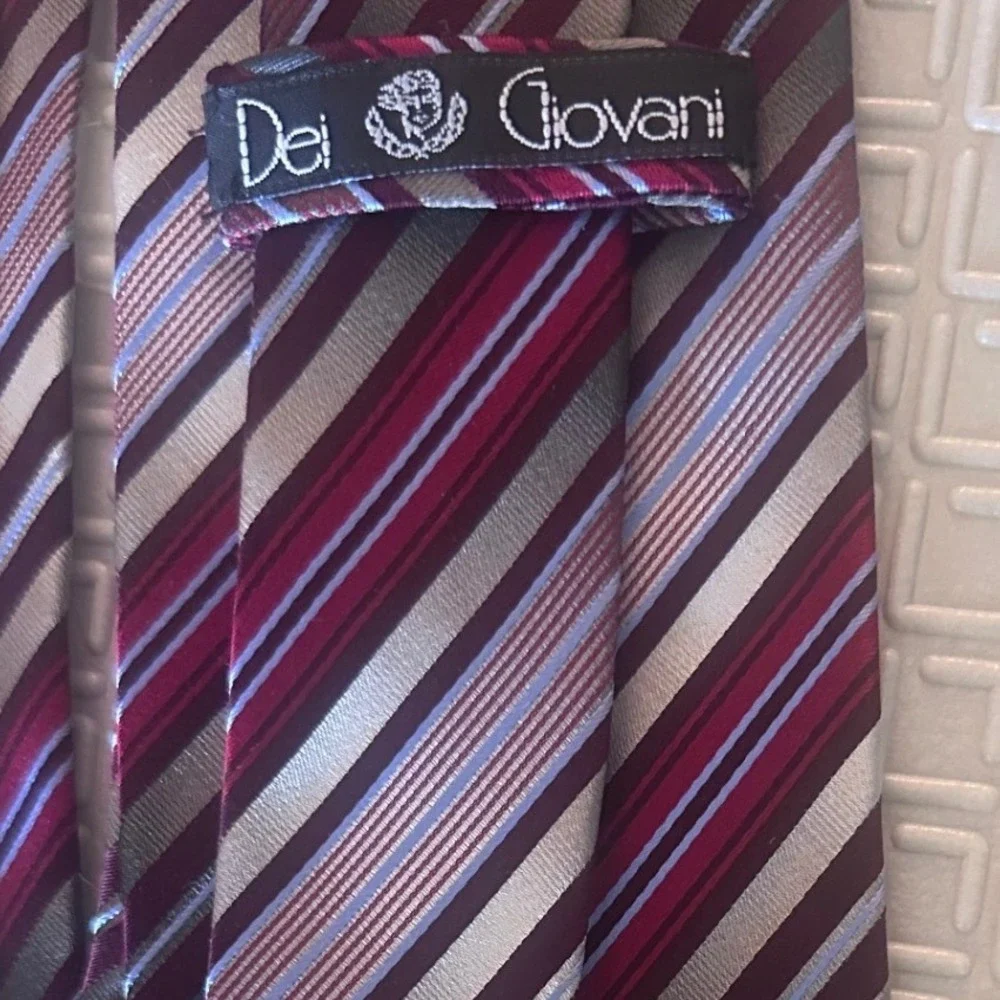 Dei Giovani Mens Silk Necktie Burgundy Grey Blue Striped Classic Formal Tie